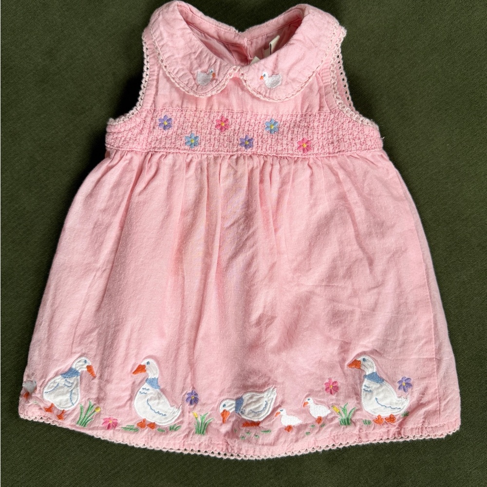 Jojo Maman Bebe Duck Embroidered Dress, Size 0-3 months